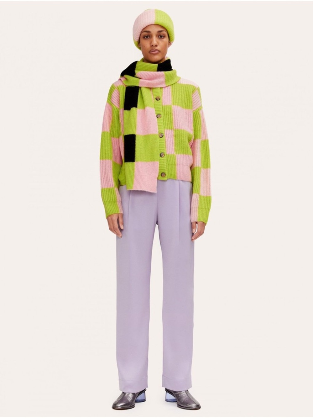 STINE GOYA Checkerboard Button-Up Cardigan in Pink & Lime plaid crewneck sweater - Picture 2 of 9